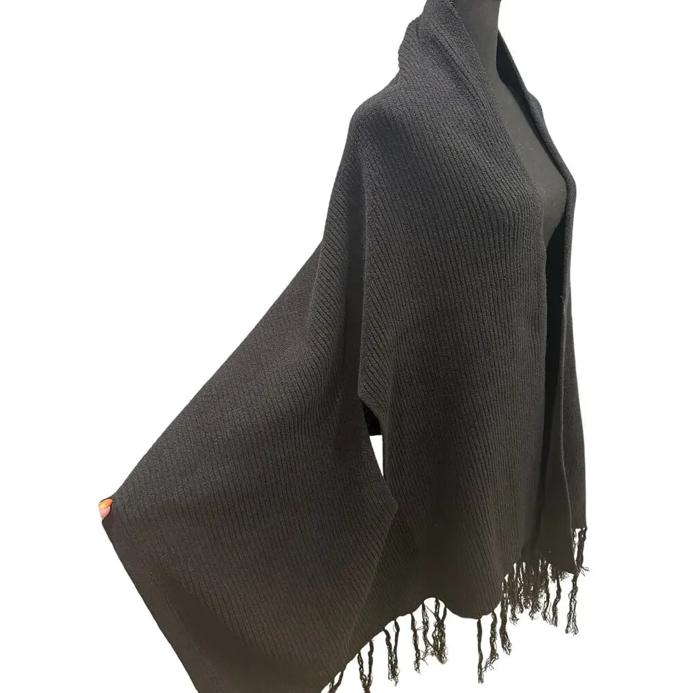 Nature EUC Black Ribbed Knit Fringe Poncho Wrap Arm Holes 70